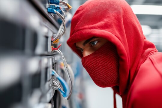 Man in red hoodie and face covering examining server cables in data center, portraying hacker activity or cybersecurity threat - Powered by Adobe