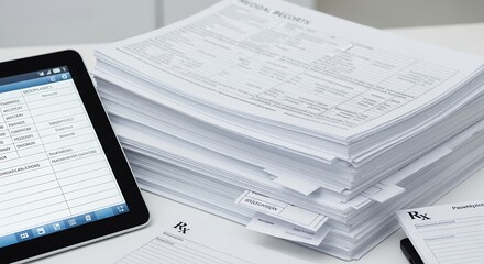 Neatly Stacked Medical Reports and a Tablet Device on White Table in Bright Ambient Light for Healthcare Administration Documents