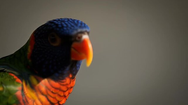 Colorful parrot close-up plumage with green, orange, yellow, and blue. Beige background