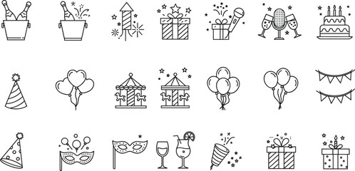 Celebration and party icon set, black line festive symbols, birthday elements, gift box, fireworks, champagne, balloons, hat