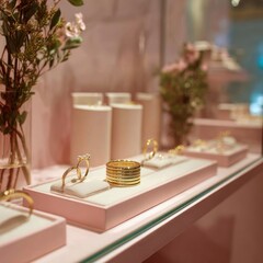 pastel jewelry shop display with delicate gold rings and soft pink lighting 