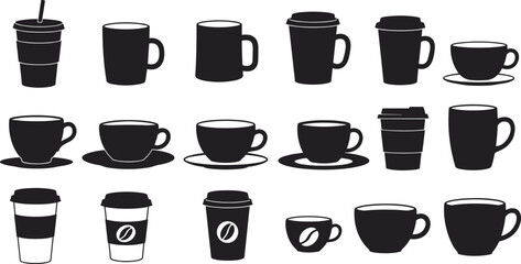 Coffee cup silhouette vector set, takeaway mug icons, espresso cup collection, café beverage design, hot drink symbols, modern illustration