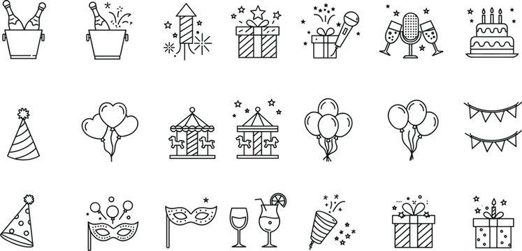 Celebration and party icon set, black line festive symbols, birthday elements, gift box, fireworks, champagne, balloons, hat
