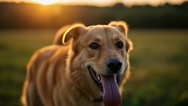 Happy golden dog panting at sunset in a blurry field