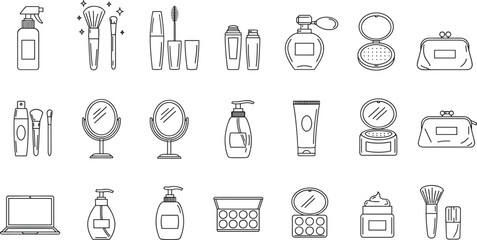 Cosmetic beauty icon set, makeup tools vector collection, skincare product outline, fashion accessories, mirror, brushes, bottles, elegant design pack