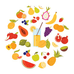 Vector illustration of assorted fruits and a glass of juice in a circular arrangement, symbolizing a healthy lifestyle, vitamins, and refreshing beverages.