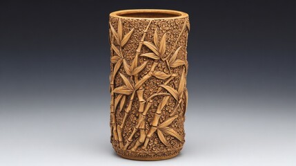 Carved wooden vase with bamboo motif