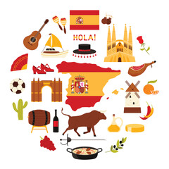 Flamenco dancer shoes and fan, bull and bullfighter hat, soccer ball and paella cartoon vector illustration. Spanish culture elements and architecture, famous food of Spain in round infographic banner © Flash Vector
