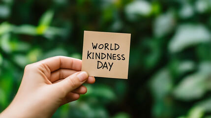Hand holding a card with "World Kindness Day" written on it.  Emphasizing compassion and goodwill during the holiday season, promoting a more caring community.