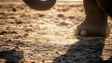 Close-up of elephant foot stepping on dry soil with cinematic texture, suitable for nature-focused storytelling and environmental themes