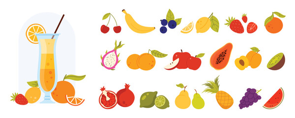 Fresh fruits and smoothie, cocktail or juice mix in glass with layers of drink, restaurant or home food menu constructor. Raw fruit and berry ingredients to make beverage cartoon vector illustration