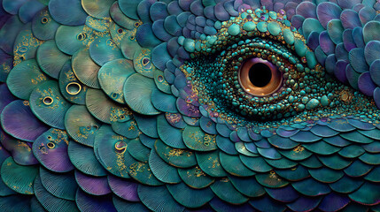 Obraz premium Mesopotamian Mythology・Tiamat’s Scales | Overlapping Dark Green Scales with Chaos Energy Vortices, Mother-of-Pearl Sheen, Primordial Chaos Relic Art 