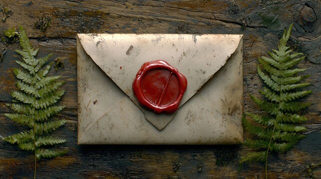 Aged envelope with red wax seal, nestled on a rustic wooden surface with ferns