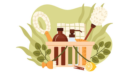 Eco friendly and natural cleaning products in wooden basket. organic detergents in glass bottles, household supplies with biodegradable materials in box to clean home cartoon vector illustration