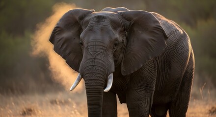 Obraz premium Majestic African Elephant in Natural Habitat at Sunrise – Wildlife Photography of Gentle Giant with Tusks in Warm Golden Light
