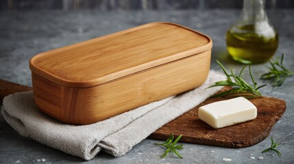 Light brown wooden box on a gray surface with a towel and soap