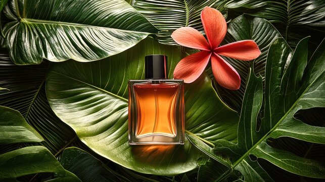 Amber perfume bottle rests on lush green leaves, with vibrant coral flower