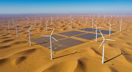 Aerial View of Wind Turbines and Solar Panels in Desert Landscape Under Clear Blue Sky