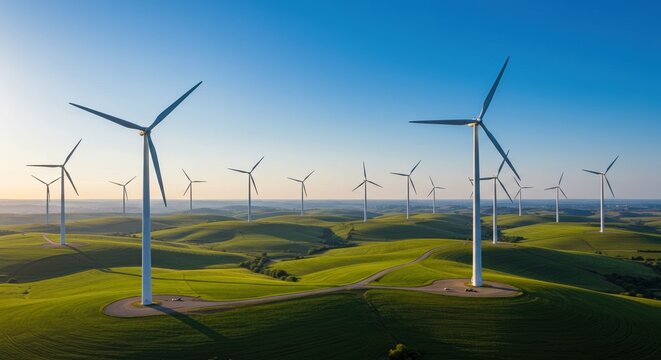 Aerial View of Wind Turbines on Rolling Green Hills at Sunset