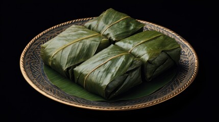 Exquisite presentation of traditional vietnamese leaf-wrapped savory rice cakes
