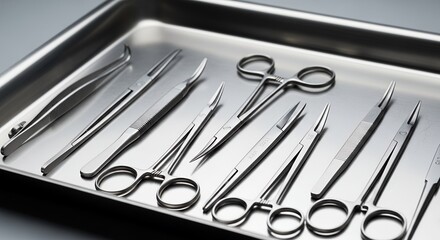 Stainless Steel Surgical Instruments Arranged Neatly on Silver Tray in a Bright Clinical Setting with Metallic Sheen Highlighting Sharp Precise Tools