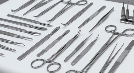 Sterile Surgical Instruments Array on White Surface Sharp Stainless Steel Tools for Medical Procedure Detailed Close Up of Equipment and Scalpels in a Precise Arrangement