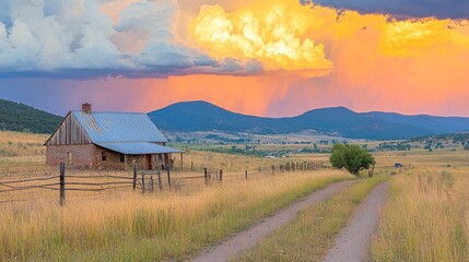 Rustic farmhouse at sunset, dramatic sky