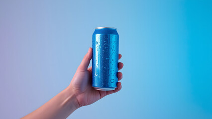 A refreshing blue soda can held in a person's hand, suggesting a cool and thirst-quenching beverage