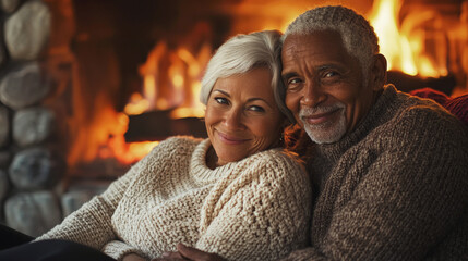 Happy senior couple in cozy sweaters cuddling by warm fireplace, smiling with love and contentment, enjoying a peaceful winter evening at home.