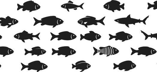 Silhouette fish vector pattern, black aquatic icons, ocean animals design, marine life graphic, underwater background for textile and decoration