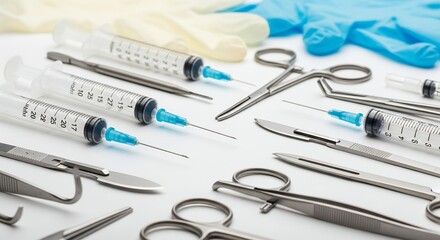 Surgical Instruments Including Syringes Forceps and Scalpels on a White Background with Blue and Yellow Gloves Underneath Medical Grade Steel Equipment Close Up