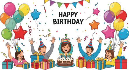 Obraz premium A birthday celebration with balloons, gifts, cake, confetti, and people wearing birthday hats smiling