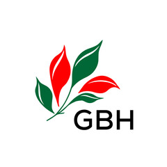 GBH Modern Nature Inspired Logo with Red and Green Leaves, GBH Later Logo, Abstract Botanical Logo with Elegant Typography
