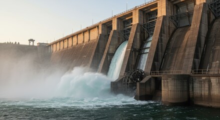 Powerful Water Release from Concrete Dam at Sunrise