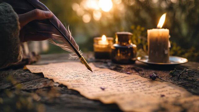 Hand writing on aged parchment with quill and candles