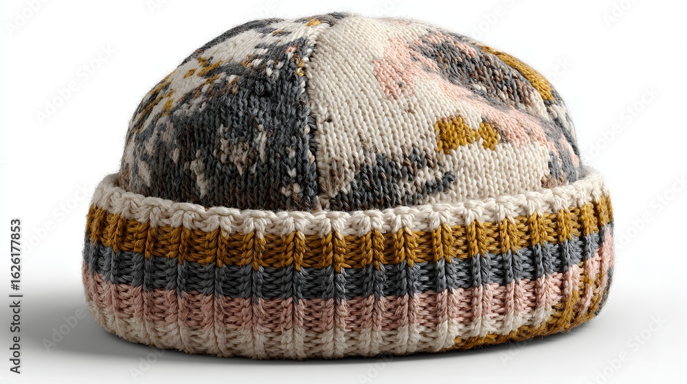 Poster knitted beanie with a multi-colored pattern and striped trim.