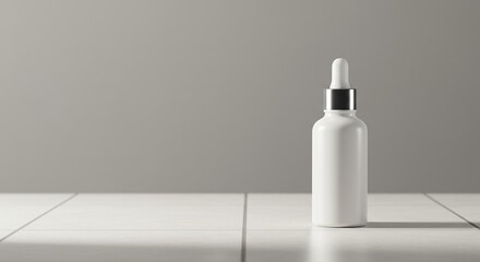 White Serum Bottle on Tiled Surface, Minimalist Design.