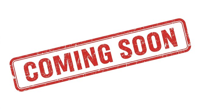 Red grunge rubber stamp with coming soon text isolated on white background, perfect for announcing new products, services, or events with a vintage touch