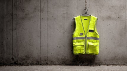 Bright yellow safety vest hangs on gray wall