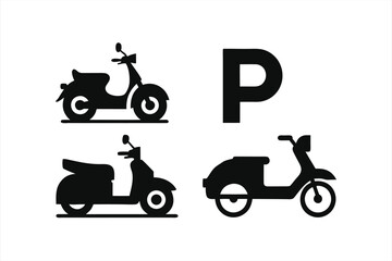 Collection of black silhouette icons featuring scooters and a parking sign, symbolizing urban mobility and transportation options © Pixel Art