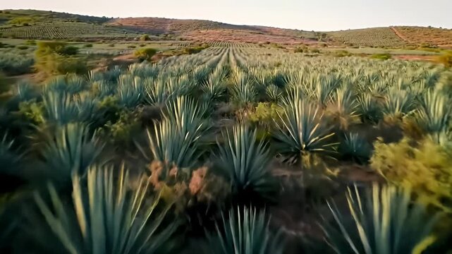 Lush agave field stretches into the horizon, meeting rolling hills at the sky