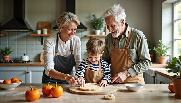 Happy grandparents baking pie with grandson in modern kitchen filled with natural light