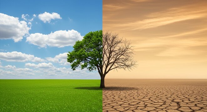A conceptual image showing the impact of climate change, with a tree split between a green, healthy environment and a dry, barren desert landscape