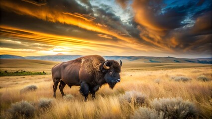 Majestic Bison at Golden Hour: Dramatic Sunset over Rolling Plains