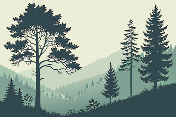 Fototapeta premium Dark green pine forest landscape with misty mountains
