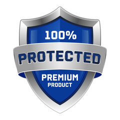 Metallic Blue Shield Badge - 'Protected 100% Premium Product' Vector