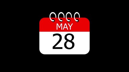 day date 28 May concept template calendar page animation concept. Calendar with the date May 28 on a black background. May 28- Daily Calendar Icon in flat design style.