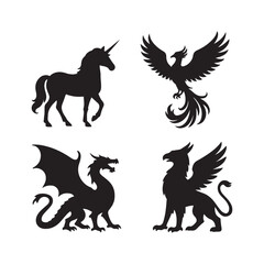 Fototapeta premium Fantasy Animal Silhouettes in Solid Black