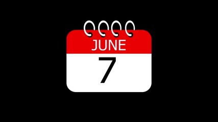 day date 7 June concept template calendar page animation concept. Calendar with the date June 7 on a black background. June 7- Daily Calendar Icon in flat design style.