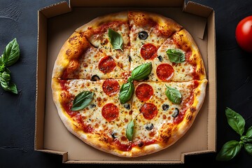 Classic pepperoni pizza in a takeaway box
